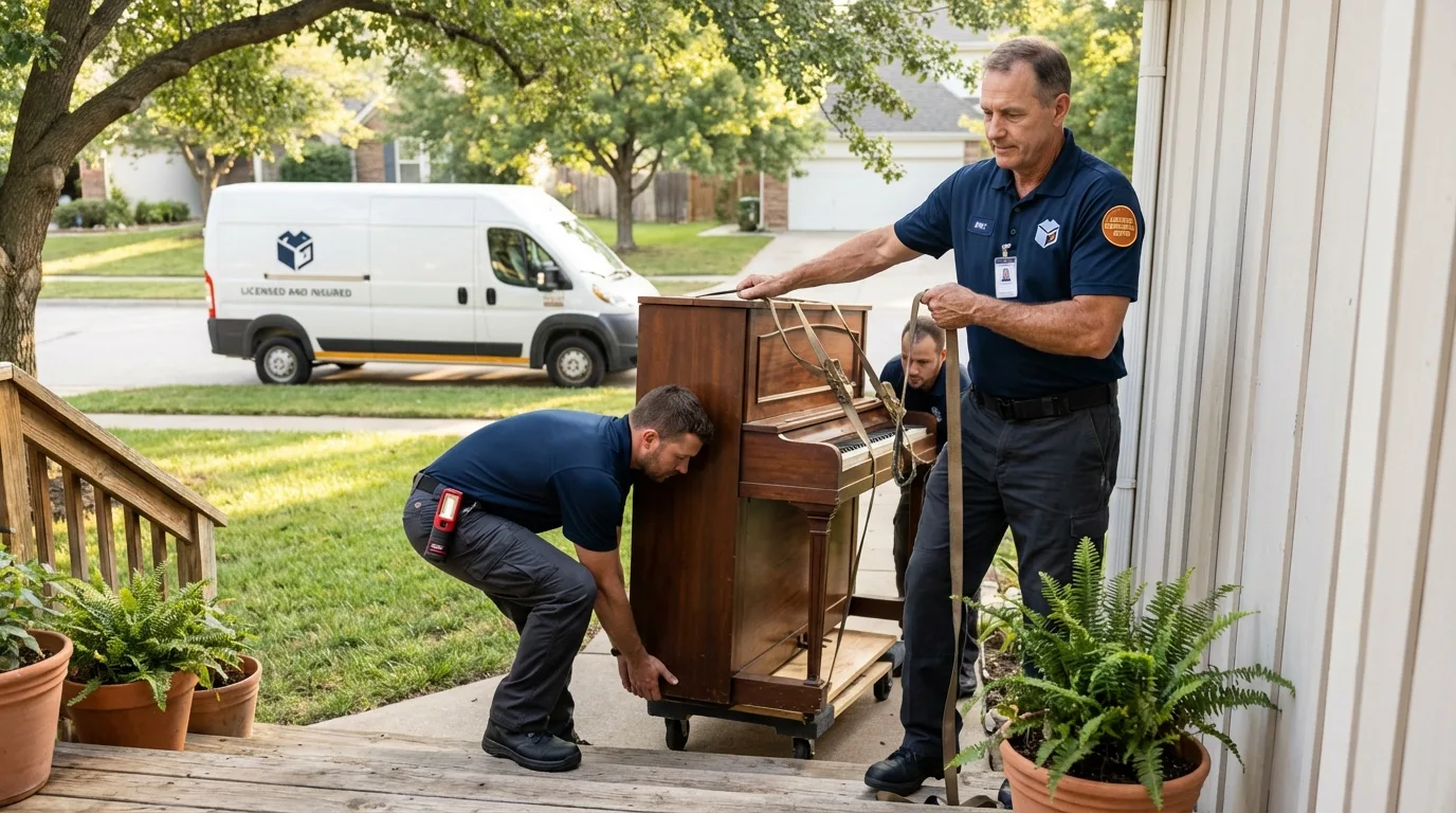 Licensed piano movers securing grand piano in Lawrence, MA