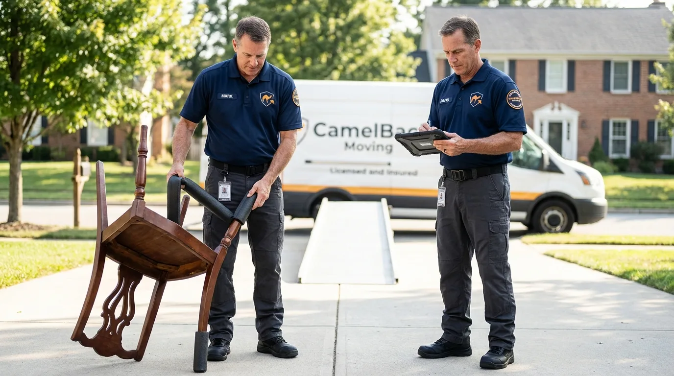 Movers inspecting furniture for damage prevention before loading in Lawrence, MA