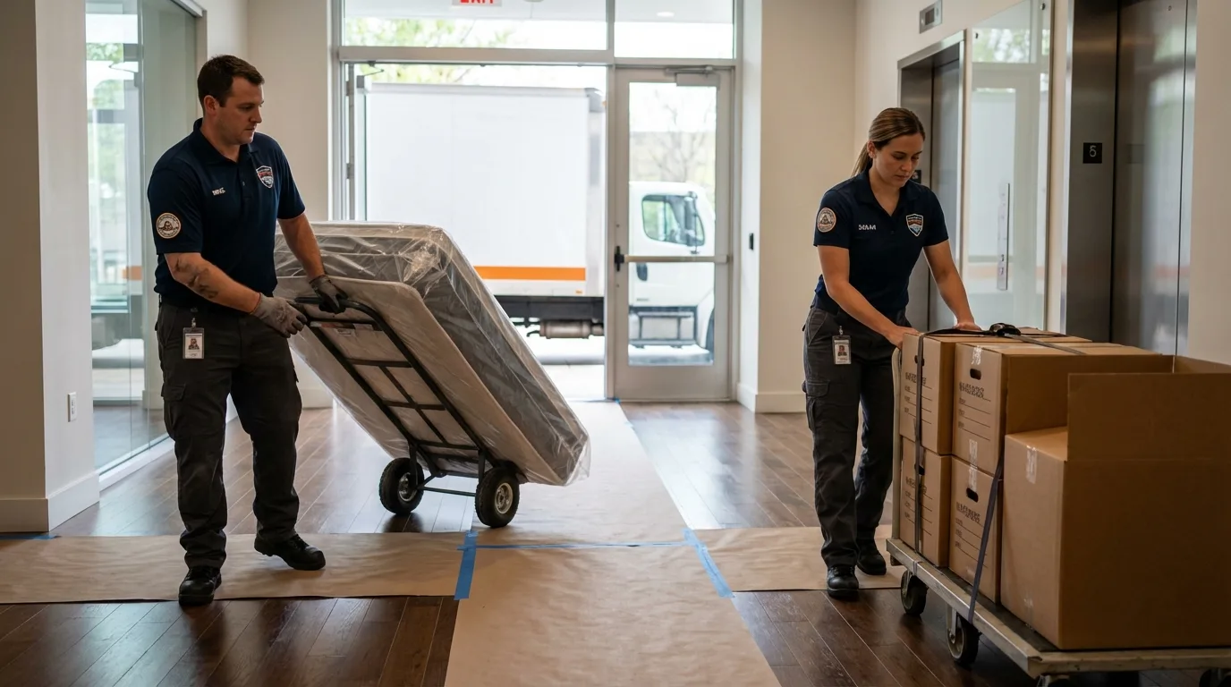 Professional apartment movers loading elevator in Lawrence, MA