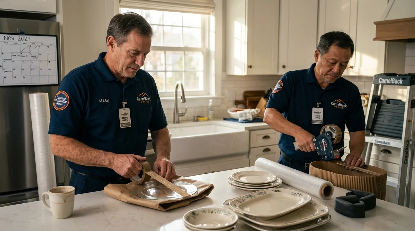 Professional crew packing kitchen dishware in Lawrence, MA